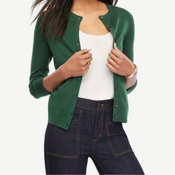 Ann Taylor Green Button Front Cardigan Sweater Cotton Blend Classic Workwear - Picture 1 of 6